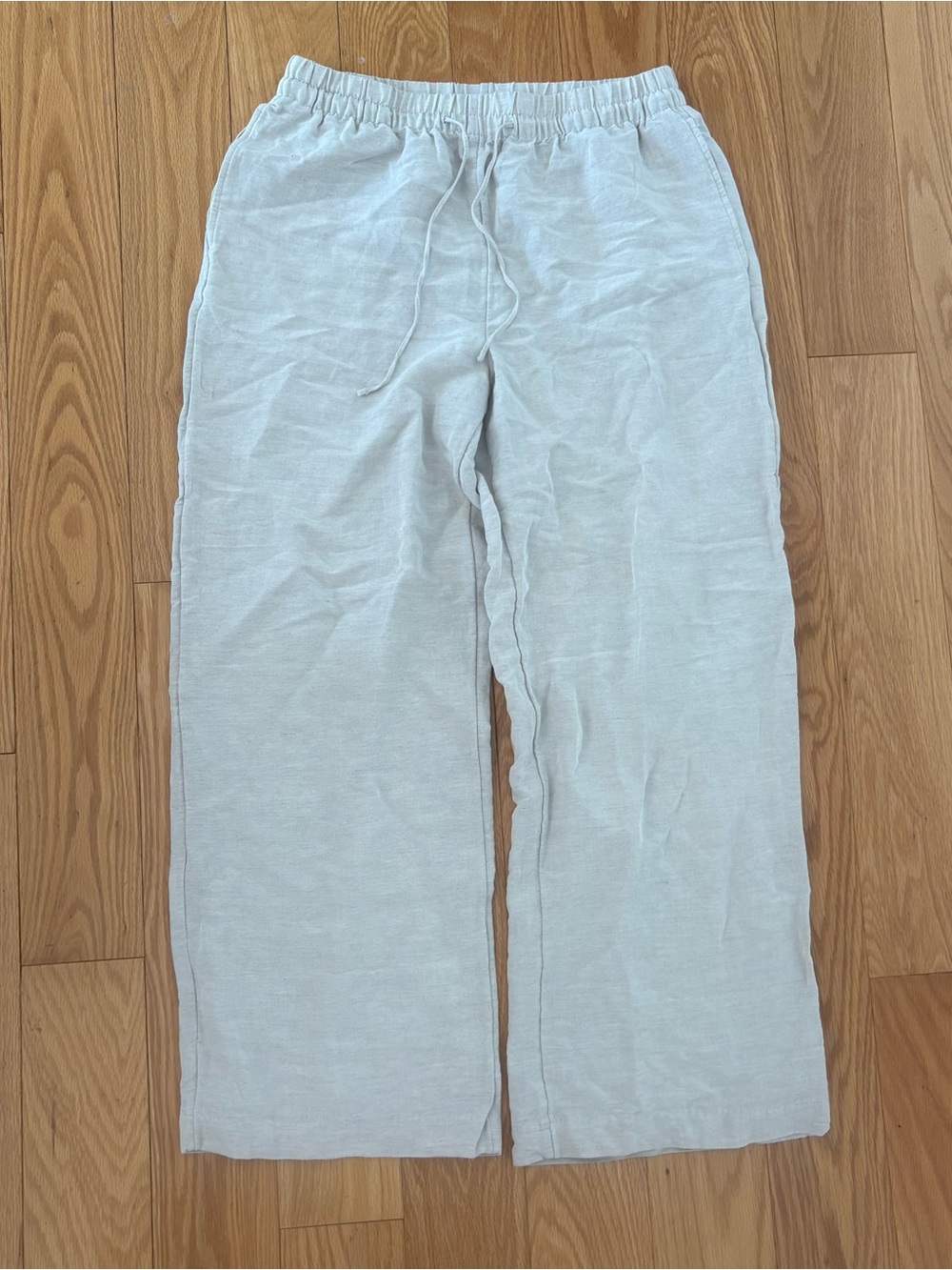 H&M Wide Leg Linen-Blend Drawstring Pants in Light beige